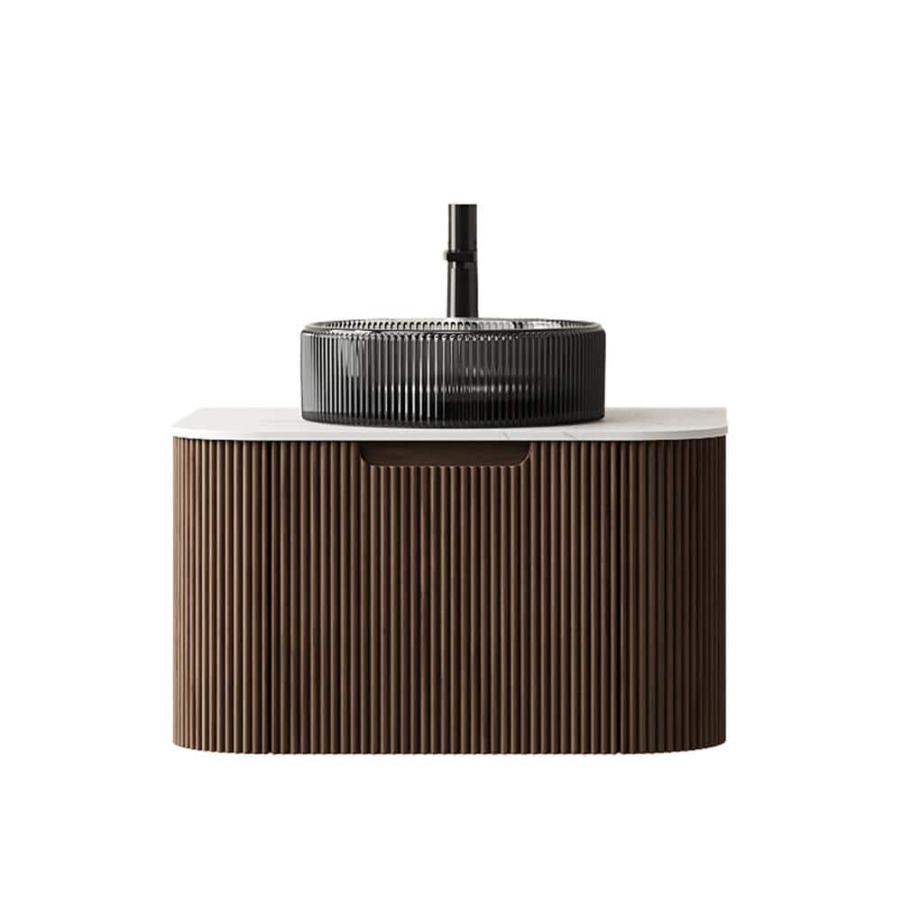 24 in. Floating Dark Walnut Bath Vanity with Carrara White Sintered Stone Top and Transparent Black Round Glass Basin price history on PriceWatchPro