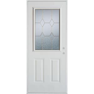 36 in. x 80 in. Geometric Brass 1/2 Lite 2-Panel Painted White Left-Hand Inswing Steel Prehung Front Door