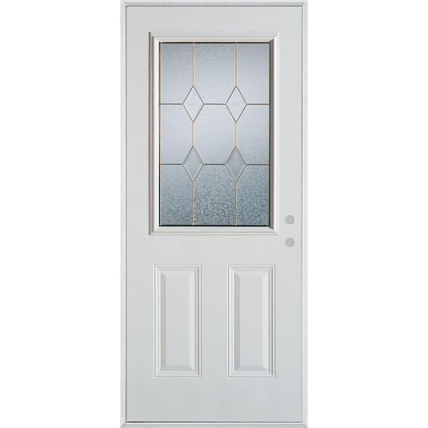 Stanley Doors 36 in. x 80 in. Geometric Brass 1/2 Lite 2-Panel Painted White Left-Hand Inswing Steel Prehung Front Door