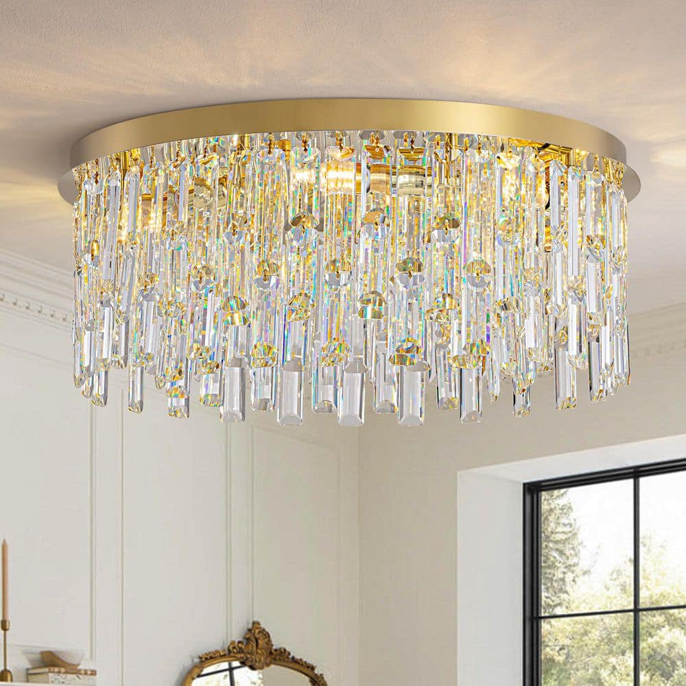 SILJOY 7-Light Gold Crystal Round Flush Mount Chandelier