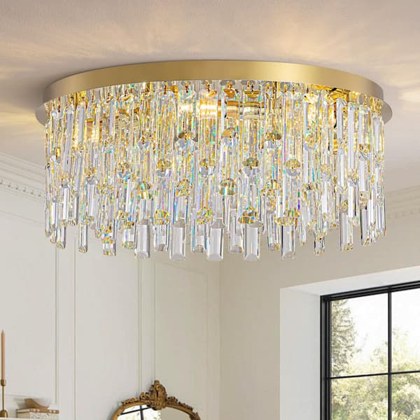 7-Light Gold Crystal Round Flush Mount Chandelier with Modern Luxury for Dining Room, Living Room, Bedroom, or Entryway