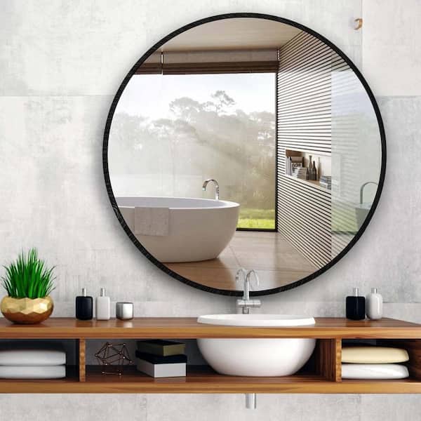 Black 39 in. W x 39 in. H Metal Round Framed Bathroom Mirror