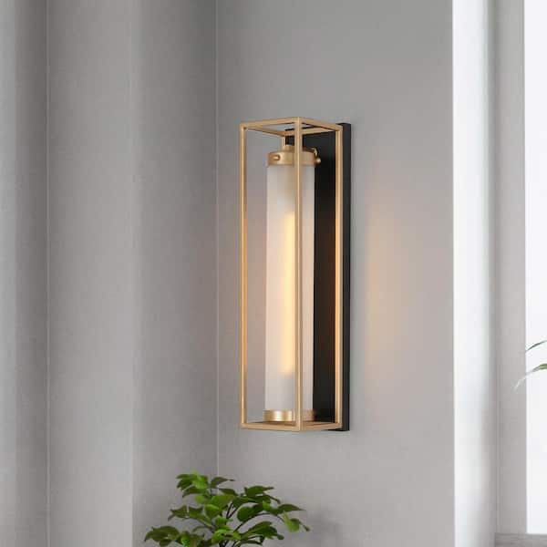1-Light Dark Gold Modern Wall Sconce, Tube Frosted Glass Black Wall Light, Farmhouse Geometric Bathroom Vanity Light