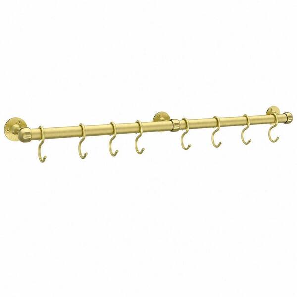 Stainless Steel Hanging Pot Rack, 23.7 in. Brass Pot and Pan Hanger Wall Mounted Pot Bar Rack with 8 S Hooks, in Brass
