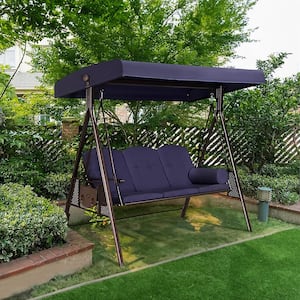 3-Person Steel Metal Patio Swing with Foldable Side Table, Canopy and Cushions, Navy Blue