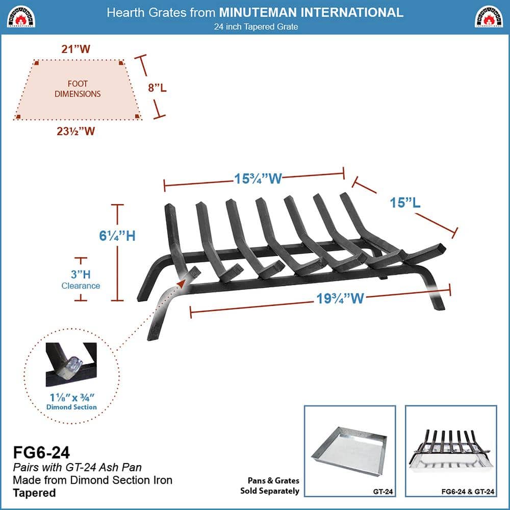 24-Inch Black Steel Tapered Hearth Grate