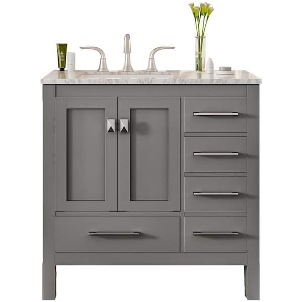 Aberdeen 36 in. Single Sink Gray Bath Vanity with White Carrara Quartz Top (Assembled)