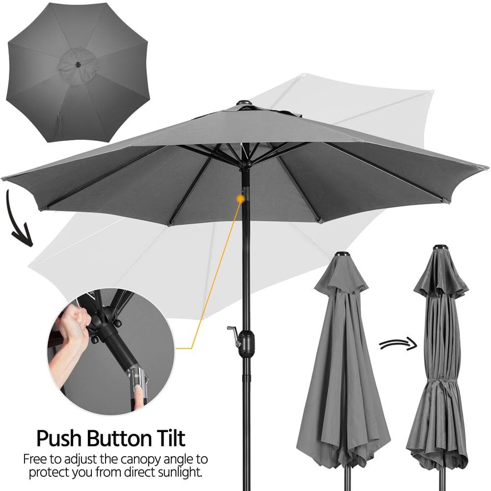 Gray 9 ft. Round Market Umbrella with Crank Lift and Push Button Tilt