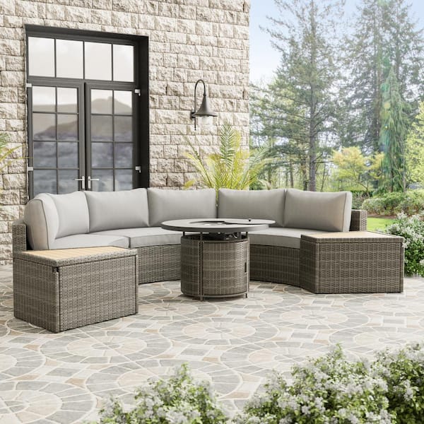 GREEMOTION Barbuda 6-Piece Steel/Teak Wood Modular Patio Fire Pit Set With Gray Cushions and Storage Tables