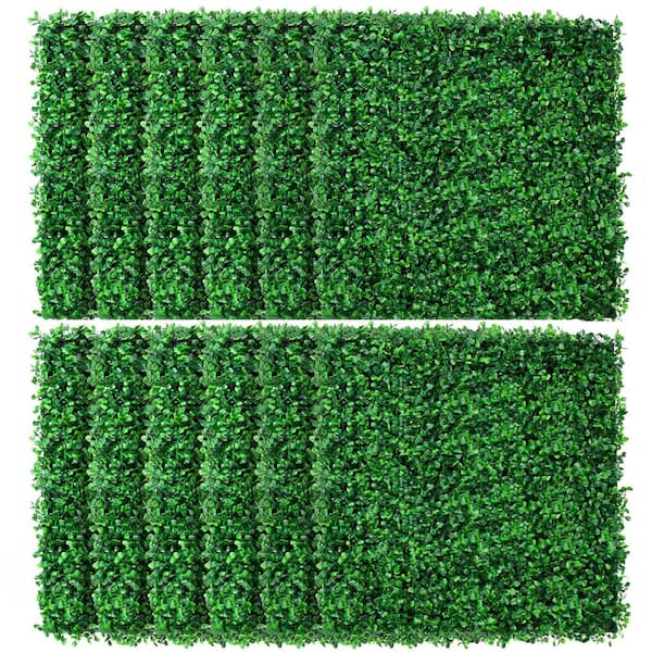 10 x 10 Artificial Grass Plastic Wall Hedge Panel with UV-Anti Grass Backdrop Wall Decorations Outdoor in Green 12 Pcs