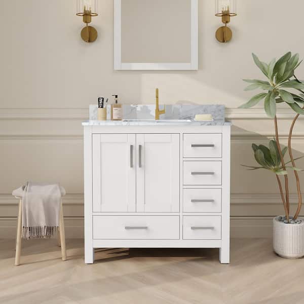 36 in. W x 22 in. D x 34 in. H Bath Vanity in White with Marble Top with Basin