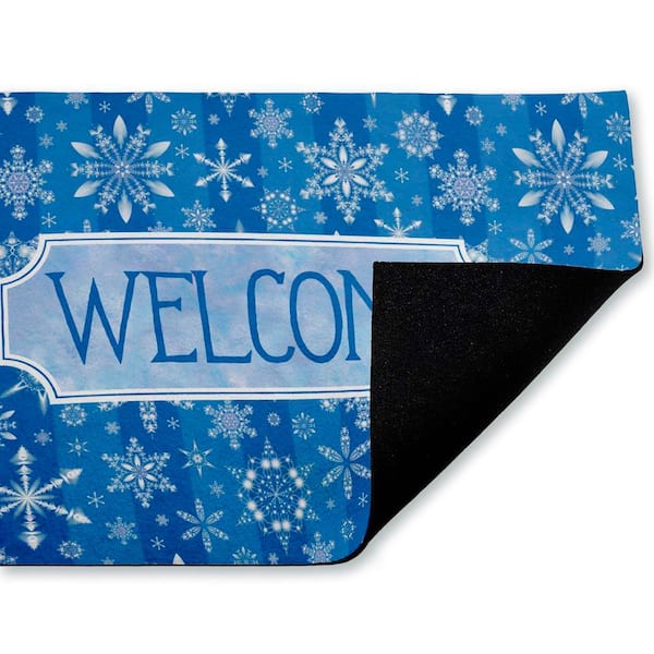 Welcome Blue Falling Snowflakes Blue 18 in. x 30 in. Polyester Non-Slip Outdoor Door Mat