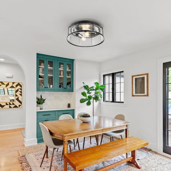 13 in. W 2-Light Flush Mount Indoor Drum Shape with Clear Glass Shade, Matte Black (Bulb Not Included)