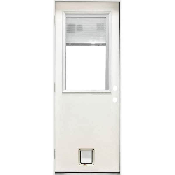 Steves & Sons 32 in. x 80 in. Reliant Series Clear Mini-Blind RHOS White Primed Fiberglass Prehung Front Door with XL Pet Door