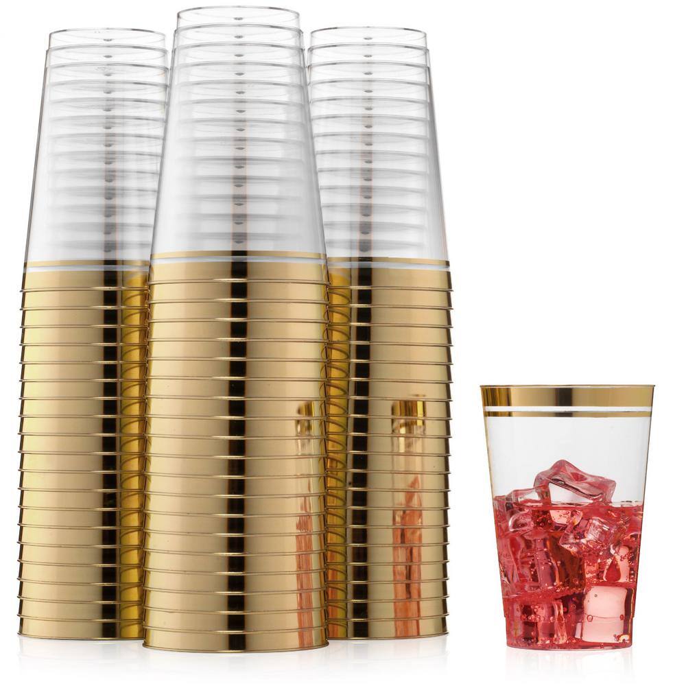 12 oz Clear Plastic Cups with Gold Rim, Set of 100