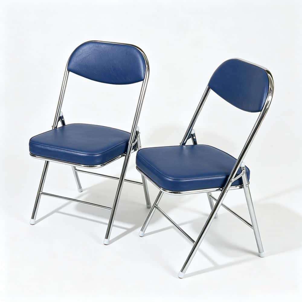 Blue Padded Metal Folding Chairs Set of 2 Portable Heavy Duty Dining Chairs for Party Home