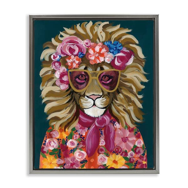 Miami Living Lion by Yvette St. Amant Gray Floater Frame Animal Graphic Art Print 31 in. x 25 in.