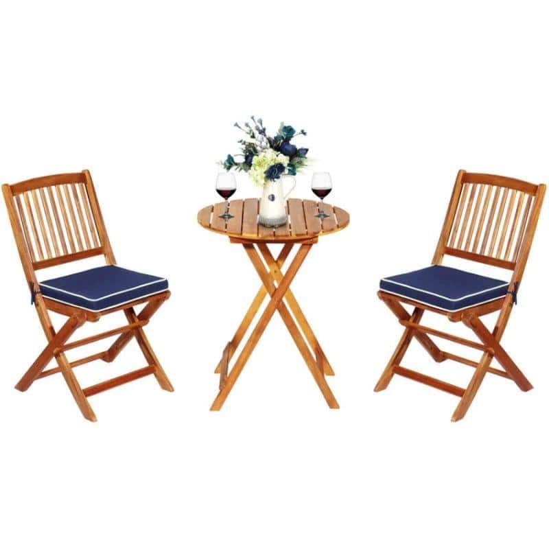 3-Piece Folding Acacia Wood Patio Bistro Set with Navy Cushions