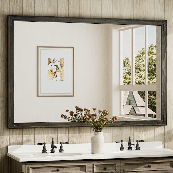 55 in. W x 36 in. H Rectangular Rustic Wood Framed Mirror Farmhouse Bathroom Vanity Mirror Over Sink in Black