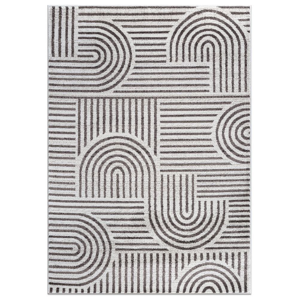 Modern Geometric Brown and Ivory Synthetic Area Rug 7'10" x 10'