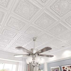 White 2 ft. x 2 ft. Decorative Spanish Floral Design Lay In/Glue Up Drop Ceiling Tiles (48 sq. ft./box)