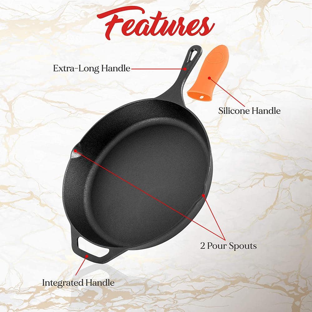 NutriChef 10" & 12" Pre-Seasoned Cast Iron Skillet Set with Silicone Handles