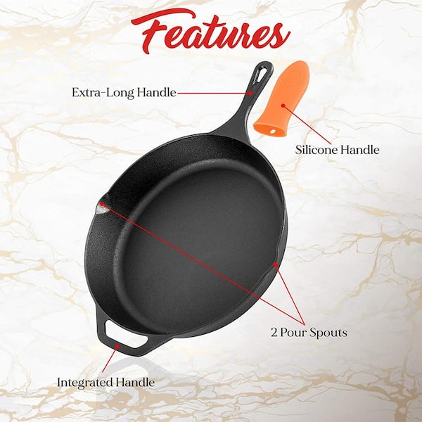 Cuisinel Cast Iron Skillet with Lid - 10-Inch Pre-Seasoned Frying Pan +  Glass Cover + Heat-Resistant Handle Holder - Indoor/Outdoor Use - Grill