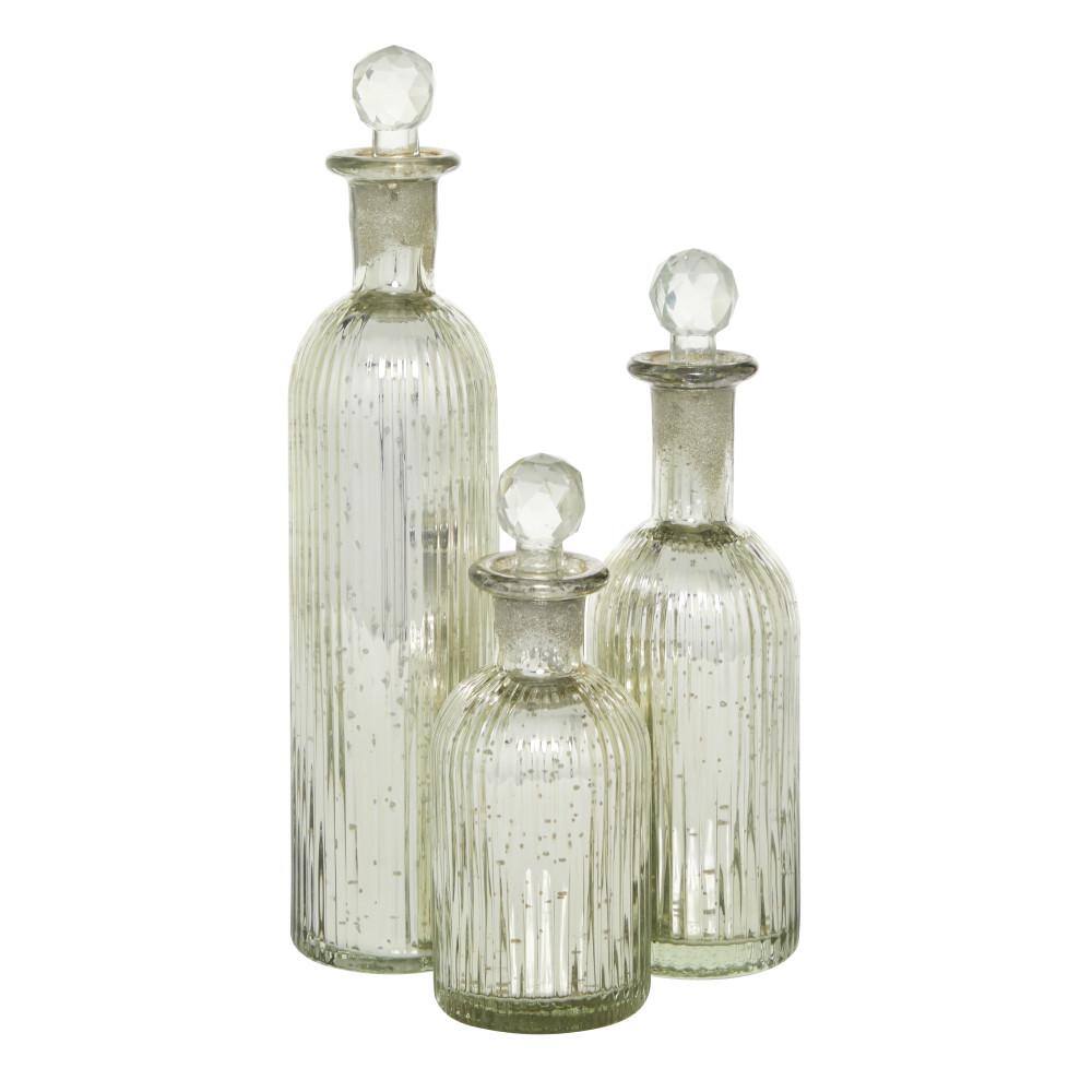 Set of Three Silver Ridged Glass Decorative Bottles with Crystal Stoppers