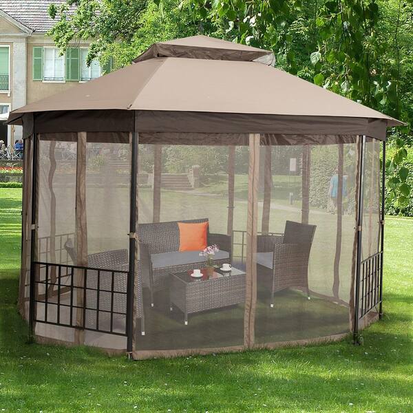 12 ft. x 10 ft. Brown Octagonal Canopy Tent Patio Gazebo Canopy Shelter with Mosquito Netting