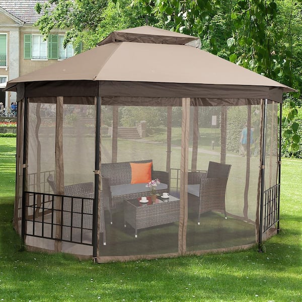 12 ft. x 10 ft. Brown Octagonal Canopy Tent Patio Gazebo Canopy Shelter with Mosquito Netting