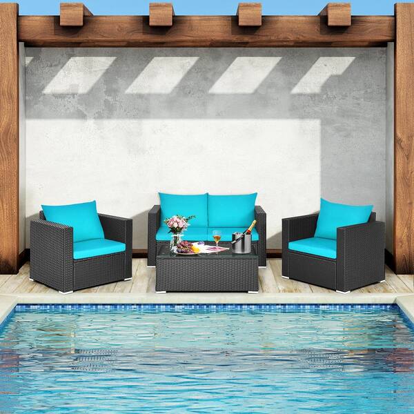 Black 4-Pieces Wicker Patio Rattan Conversation Set Sectional Sofa and Coffee Table with Blue Cushions