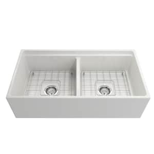 Contempo Step-Rim White Fireclay 36 in. Double Bowl Farmhouse Apron Front Workstation Kitchen Sink with Faucet