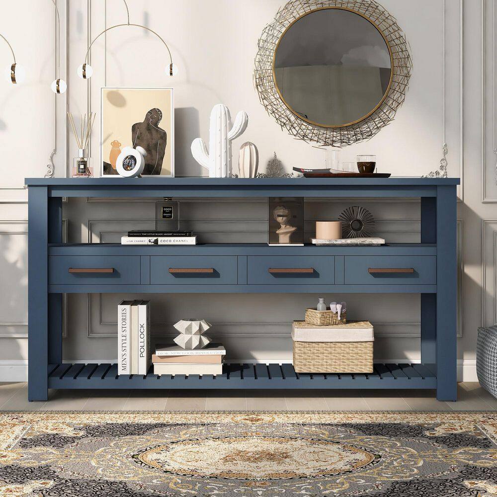 61.5 in. W x 13.6 in. D x 31 in. H Navy Blue Linen Cabinet Console Table with Open Shelves and 4-Drawers price history on PriceWatchPro