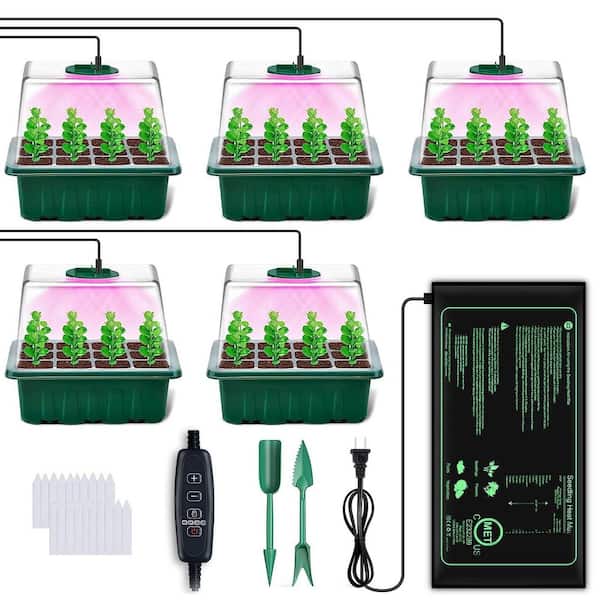 Indoor Green Seed Starter Kit with Tray, Grow Light and Heat Mat for Vegetable Herb Plant Germination (5-Pack)