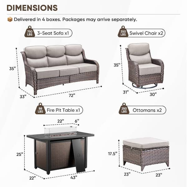 MoonLuxe Brown Wicker Fire Pit Conversation Set with Beige Olefin 6 in. Thick Cushions Patio Swivel Chairs (6-Piece)