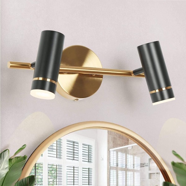 Zevni 16 in. 2-Light Black LED Vanity Light Modern Industrial DIY Wall Sconce Plated Brass Wall Lighting for Bathroom Entryway