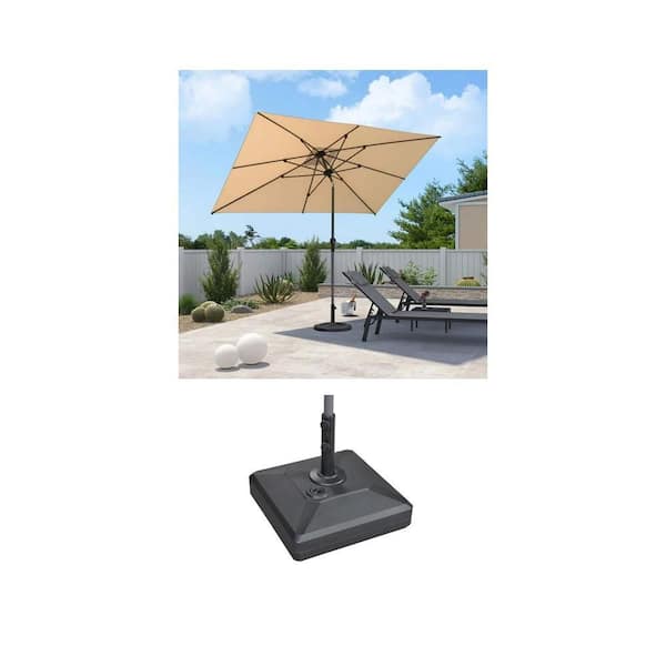 6.  5 ft. x 10 ft. Beige Aluminum Crank and Tilt Umbrella and 154 lbs. Black Umbrella Base Combo