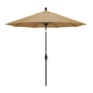 9 ft. Matted Black Aluminum Market Patio Umbrella with Fiberglass Ribs Collar Tilt Crank Lift in Linen Sesame Sunbrella