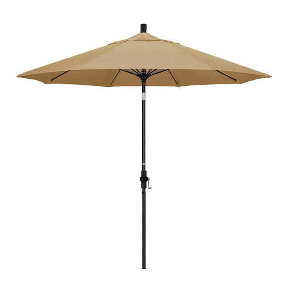 California Umbrella 9 ft. Matted Black Aluminum Market Patio Umbrella with Fiberglass Ribs Collar Tilt Crank Lift in Linen Sesame Sunbrella