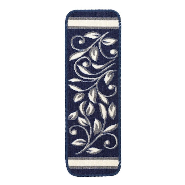 New Navy 8.5 in. x 26 in. Floral Non-Slip Stair Tread Cover (Set of 8)