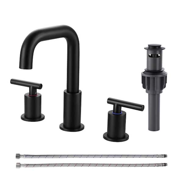 AVITAS 8 in. Widespread Double Handle Bathroom Faucet with Drain Kit and Supply Lines Included in Matte Black
