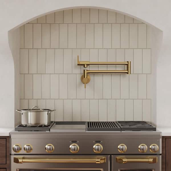 26 in. Wall-Mount Double-Handle Pot Filler Faucet with Dual Swing Arms Spot Resist in Brushed Gold