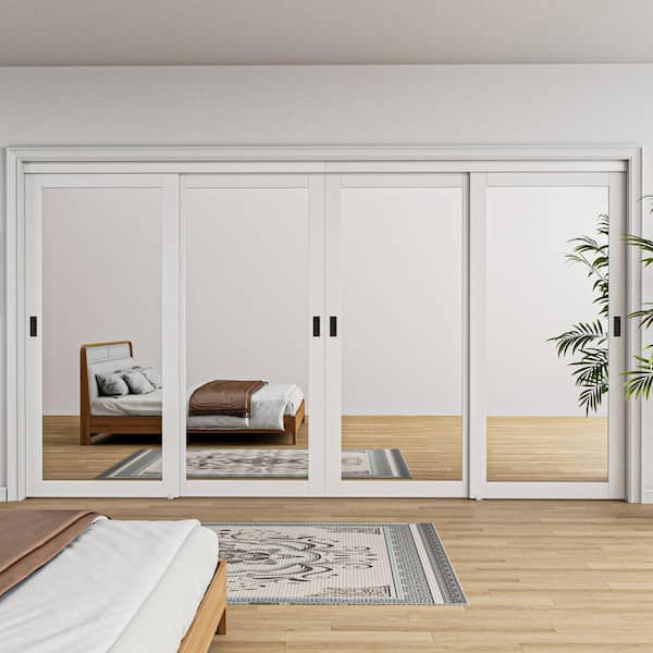 144 in. x 96 in. Solid Core 1-Lite Mirror White Primed MDF Interior Closet Sliding Door with Hardware and Black Handle