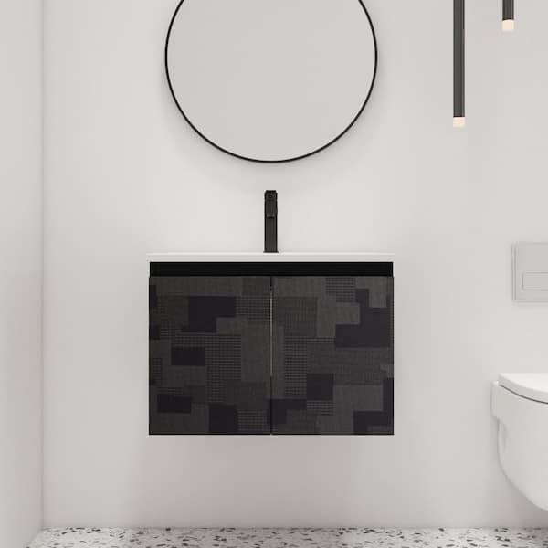 ARTCHIRLY 24 in. W x 18.3 in. D x 17.3 in. H Wall Mounted Bath Vanity in Black with White Ceramic Vanity Top