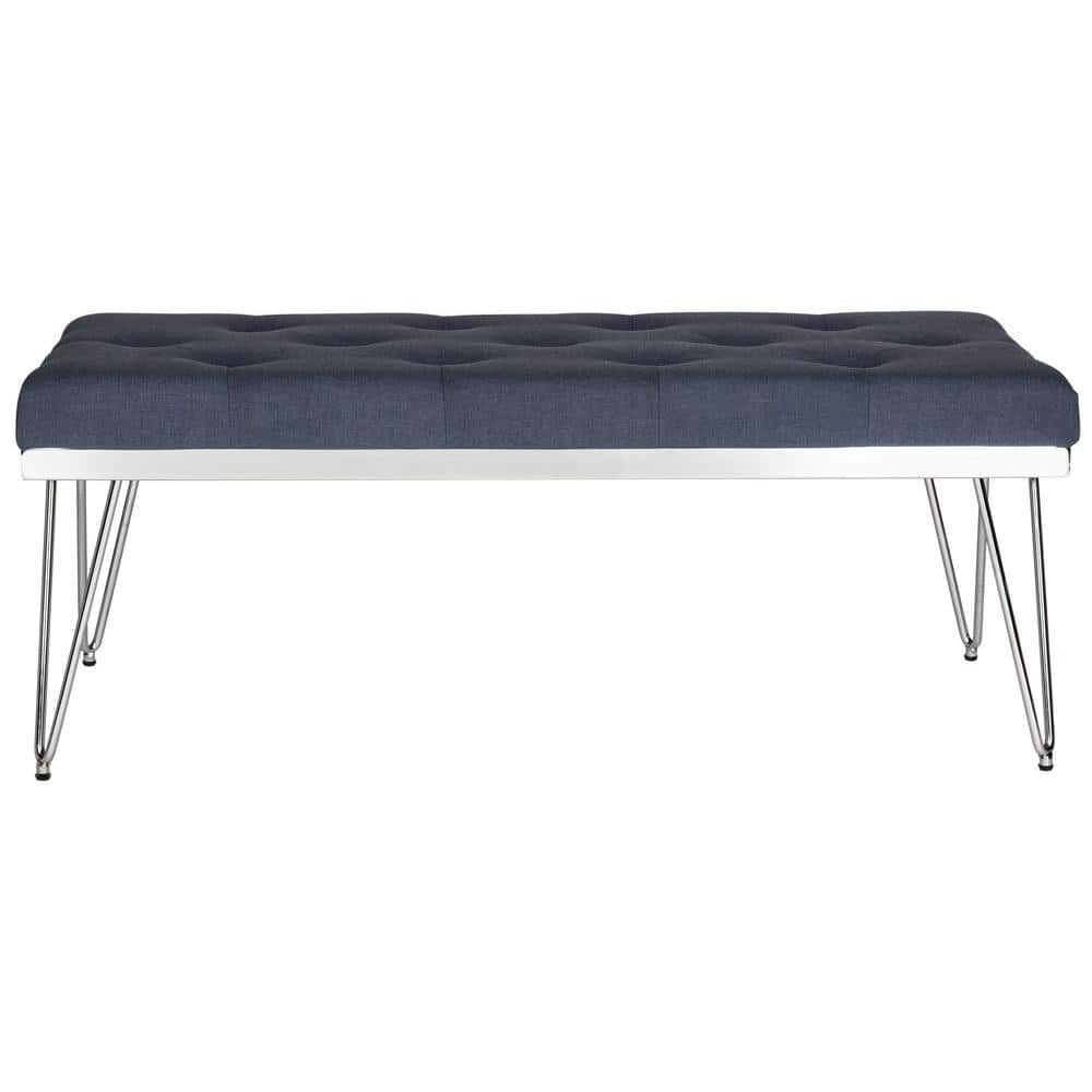 Navy Linen Upholstered Bench with Chrome Hairpin Legs