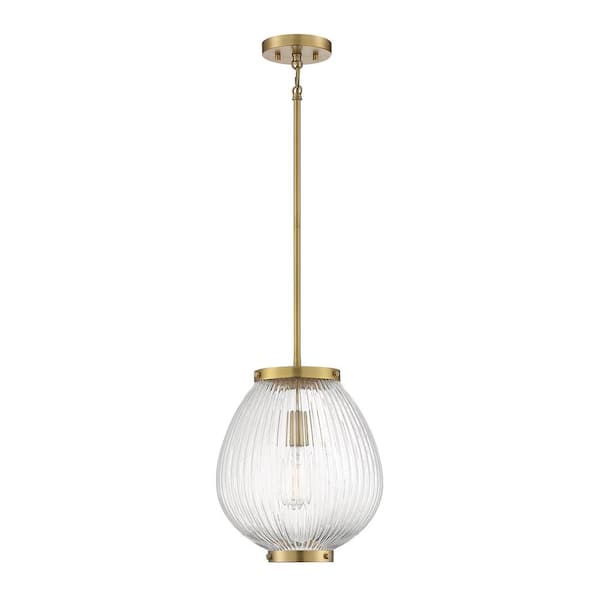 Savoy House Welles 12 in. W x 14.5 in. H 1-Light Warm Brass Pendant Light with Clear Ribbed Glass Shade