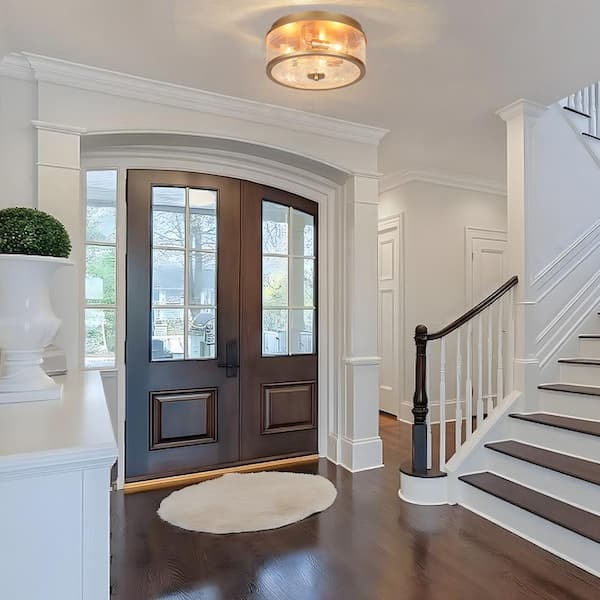 Modern 3-Light Gold Dome Flush Mount Ceiling Light for the Hallway, Bathroom Ceiling Light with Crackle Glass Shade