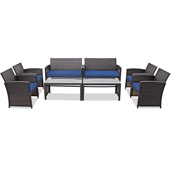 8-Piece Rattan Outdoor Patio Conversation Set Furniture Set with Navy Cushions