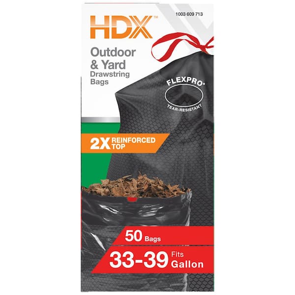 HDX FlexPro 33 Gal. to 39 Gal. Black Drawstring Outdoor and Yard Trash Bags  (50-Count) HD39HF050B - The Home Depot