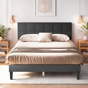 Dark Gray Wood Frame Queen Platform Bed with Linen Upholstered Adjustable Headboard Noise Free